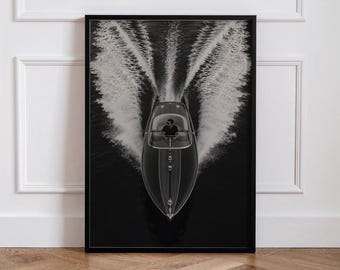 Lámina fotográfica de lancha rápida de lujo, arte mural de yate en blanco y negro, póster de fotografía costera