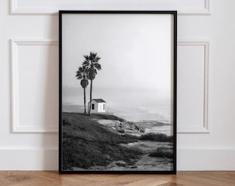 Arte mural costero en blanco y negro, lámina fotográfica del océano, decoración playera, arte mural de palmeras