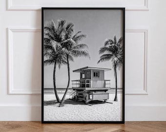Fotografía impresa de la playa de Miami, Florida, fotografía en blanco y negro, arte mural costero con palmeras, decoración oceánica tropical.