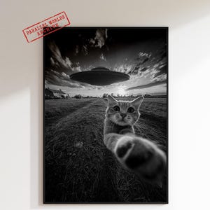 May include: Black and white print featuring a cat taking a selfie with a UFO in the background. The cat is in the foreground, with its paw extended towards the viewer. The sky is filled with clouds, and the text "PARALLEL WORLDS ARCHIVE" is in the upper left corner.