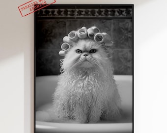 Affiche drôle de chat, décoration de salle de bains, photographie originale d'animal de compagnie, photo insolite en noir et blanc