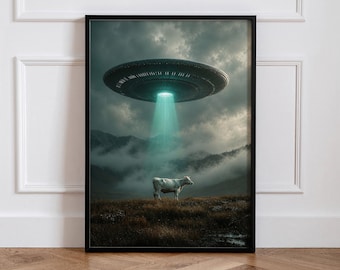 Póster OVNI, Arte mural de abducción alienígena, Lámina de paisaje de ciencia ficción, Obra de arte de viga de vaca, Decoración paranormal