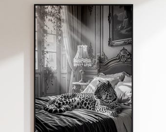 Leopard Bedroom Wall Art, Luxury Black and White Animal Print, Vintage Cheetah Poster