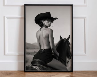 Cuadro decorativo de vaquera femenina, lámina feminista moderna del oeste, fotografía de caballo en blanco y negro.