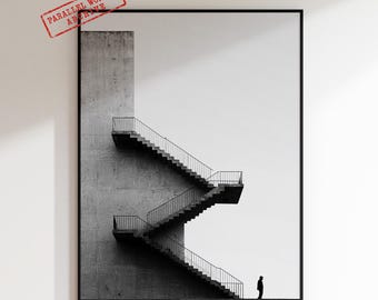 Cuadro minimalista de escalera, lámina de arquitectura brutalista, fotografía en blanco y negro, decoración monocromática moderna.