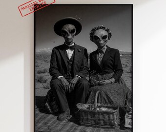 Ilustración vintage de una familia alienígena, retrato de ovni para pared, decoración de ciencia ficción extraña, póster de pareja alienígena