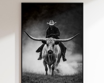 Black and White Western Decor, Cow Boy Longhorn Cattle Artwork