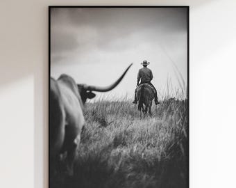 Westmuurkunst, zwart-witte cowboyposter, rustiek fotografiekunstwerk voor ranchdecoratie