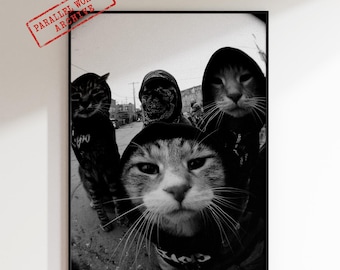 Póster de gato gánster, fotografía callejera divertida, decoración animal urbana, impresión en blanco y negro.