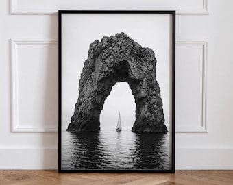 Fotografía en blanco y negro de veleros, arte para pared de galería, foto costera del océano, arte para la pared de la sala de estar