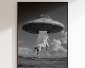 UFO Wall Art, Alien Abduction Poster, Whimsical Horse Print, Surreal Black and White Art, Sci Fi Home Decor