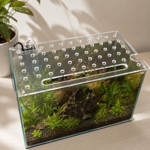 May include: A clear glass aquarium with a transparent lid featuring numerous small holes. The tank is filled with green plants, dark gravel, and a dark rock formation. A small pump is visible on the left side. The aquarium is on a light-coloured surface.