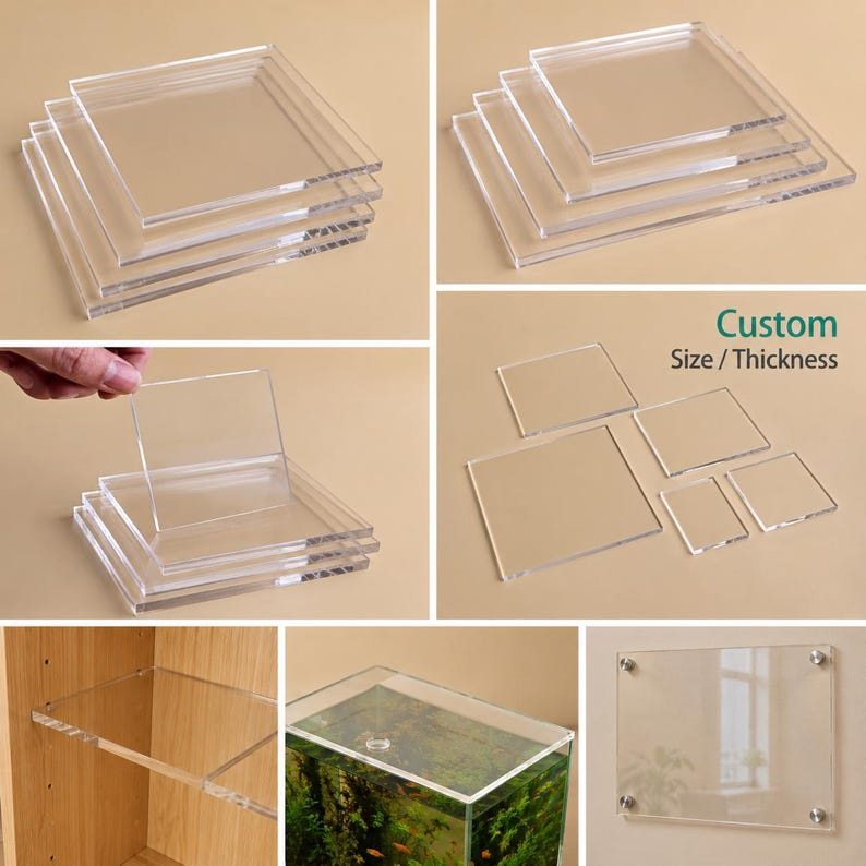 May include: Clear acrylic sheets and shelves in various sizes. The image shows stacks of square sheets, individual pieces, and examples of use, including a shelf in a cabinet, a tank cover, and a wall-mounted sign. Text on the image reads "Custom Size / Thickness."