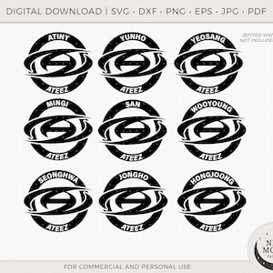 Ateez-namen | Kleine illustraties | Digitale KPop-download | Ateez Instant Download voor Cricut Silhouette DXF Eps Svg Png-shirt | Lightstick-stickers