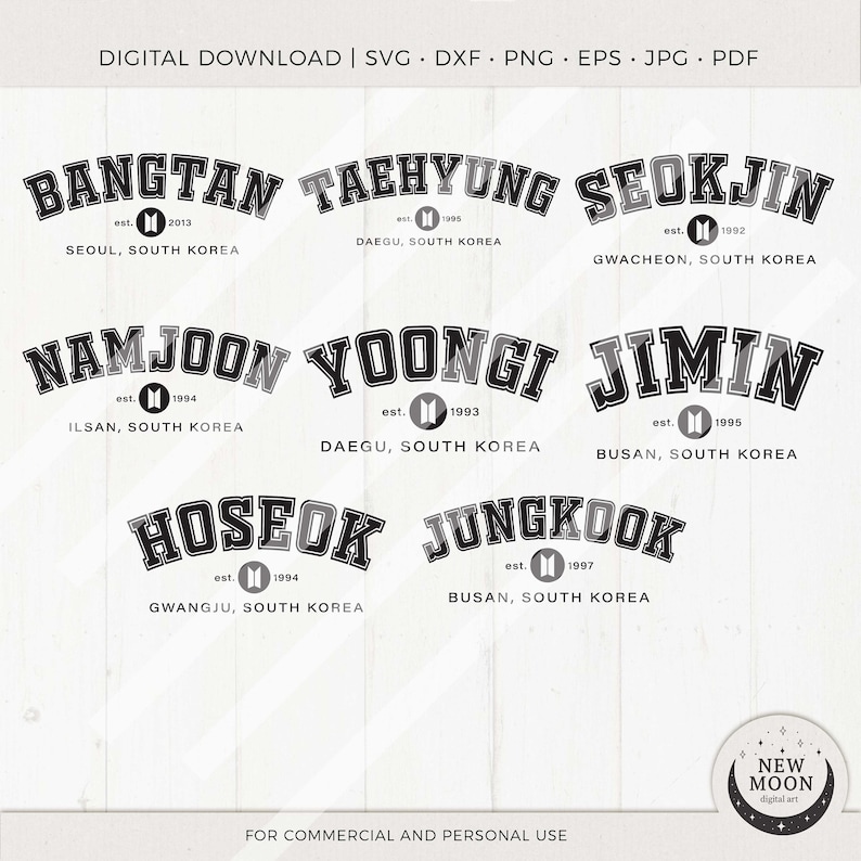 BTS Member Names Bangtan Svg Kpop Digital Download Army Etsy