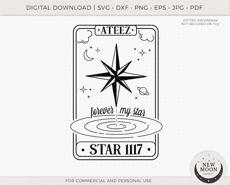 以下が含まれることがあります： 中央に星が描かれたコンパスの白黒イラスト。コンパスは「forever my star」と「STAR 1117」の文字が書かれた円に囲まれています。「ATEEZ」の文字はコンパスの上部に書かれています。