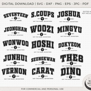 Diecisiete nombres de miembros / SVNTN SVG / Descarga digital KPop / Carat Descarga para Cricut Archivo de corte digital DXF EPS SVG PNG Calcomanía Lightstick