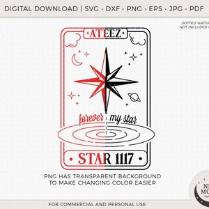 以下が含まれることがあります： 星、円、そして「ATEEZ」、「forever my star」、「STAR 1117」というテキストが書かれた黒と赤のグラフィックデザイン。