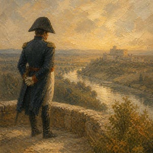 Könnte beinhalten: Ein Ölgemälde, das eine Figur in einer dunkelblauen Militäruniform mit goldenen Epauletten und einem Zweispitz zeigt, die auf einem Felsvorsprung steht. Die Figur blickt auf einen gewundenen Fluss und eine ferne Burg bei goldenem Sonnenuntergang.