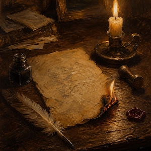 Könnte beinhalten: Ein Stück Pergamentpapier mit handschriftlichem Text brennt an einer Ecke, begleitet von einer weißen Feder, einem Glastintenfaß, einem Messingkerzenhalter mit brennender Kerze, einem Metallsiegelstempel und einem roten Wachssiegel auf einem Holztisch.