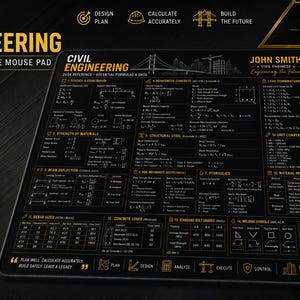 Könnte beinhalten: Ein schwarzes, rechteckiges Schreibtisch-Mauspad für Bauingenieurwesen mit goldenem Text und Grafiken. Es zeigt wichtige Formeln, Daten zu Baustahl, Balkendurchbiegung, Bodenmechanik, Hydraulik sowie Einheitenumrechnungen in metrischen Maßen.