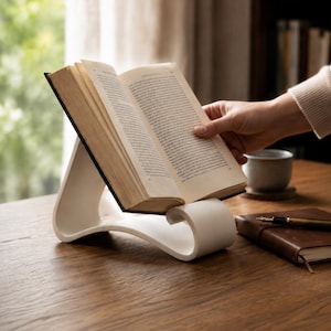 Peut inclure: Un support de livre blanc, incurvé et en forme de vague, maintenant un livre ouvert à couverture rigide aux pages couleur crème. Le support présente un design lisse et continu qui maintient le livre en position inclinée, texte MizanDesign visible.