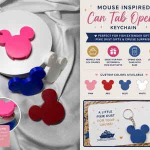 May include: A collection of mouse-shaped can tab openers in pink, red, blue, and white. The keychain openers are displayed on a white surface and next to a card that says "A little pixie dust for your cruise!" The text on the image says "Mouse Inspired Can Tab Opener Keychain".