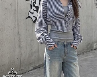 Striped Layer Top | Long Sleeve Crop Shirt | Daily Wear | Soft Street Style