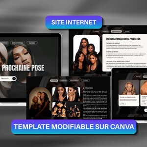 Peut inclure: Un modèle de site internet modifiable sur Canva présentant plusieurs mises en page avec des fonds noirs, des photographies de personnes aux coiffures variées et du texte incluant "RÉSERVE TA PROCHAINE POSE" et "SITE INTERNET".