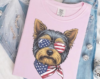 Comfort Colors Patriotic Yorkie Dog Mom Shirt, American Flag Yorkshire Terrier Tee, Fourth of July Pet Owner Top, Patriotic Dog Gift