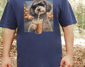 Comfort Colors Schnoodle Lover Tee, Dog Drinking Iced Coffee Shirt, Funny Animal Coffee Design, Doodle Mom Dog Dad, Dog Coffee Shirt