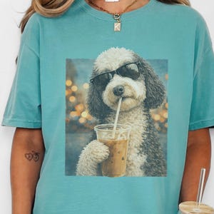 Comfort Colors Silly Dog Shirt, Iced Coffee Girly Tee, Sheepadoodle Cool Dog Mom Graphic Shirt, Coffee Lover Gift for Her, Dog Shirt Women image 1