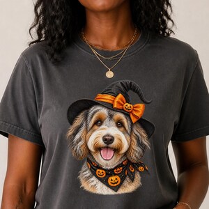 Witch Dog Shirt, Aussiedoodle Shirt, Doodle Mom Halloween Gift, Spooky Dog Lover Tee, Halloween Dog Shirt image 1