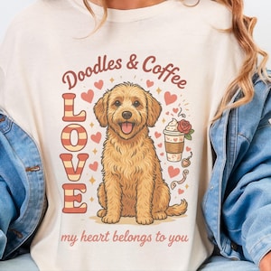 Comfort Colors Goldendoodle Mom T-Shirt, Doodles and Coffee My Heart Belongs To You Tee, Retro Labradoodle Dog Owner Shirt, Doodle Dog Gift image 1
