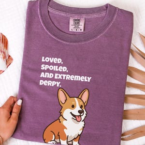 Comfort Colors Funny Sarcastic Corgi Mom T-Shirt | Loved, Spoiled, and Extremely Derpy Tee | Pembroke Welsh Corgi Owner Sweatshirt image 1