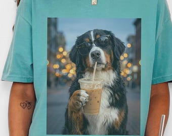 Comfort Colors Bernese Mountain Dog Iced Coffee Shirt, Cool Dog Drinking Coffee Tee, Berner Mom Dad Gifts, Summer Vacation Dog Lover Graphic