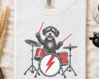Schnoodle Playing Drums Shirt, Drummer Gift, Music Lover Tee, Rock Dog Shirt, Dog Owner Gift, Percussion Player Tee