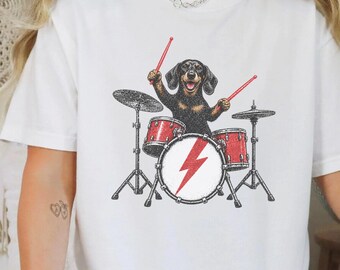 Dachshund Playing Drums Shirt, Drummer Gift Idea, Rock Dog Tee, Sausage Dog T Shirt, Music Lover Merch