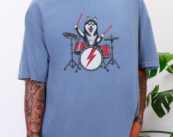 Husky Dog Shirt, Drummer Gift Idea, Rock Dog Shirt, Siberian Husky Gift, Music Lover Tee