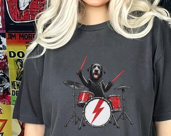 Black Lab Shirt, Drummer Gift Idea, Dog Playing Drums T-Shirt, Black Lab Mom Gift, Music Lover Tee, Rock Band Shirt