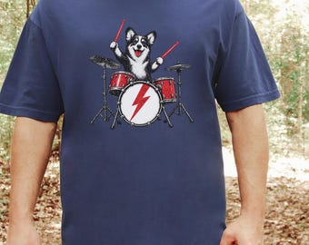 Corgi Dad Shirt, Drummer Gift Idea, Rock Dog Shirt, Music Fan Tee, Corgi Playing Drums, Funny Dog Lover Gift, Band Merch Tee