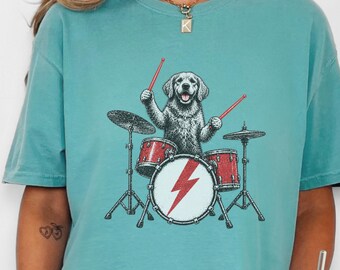 Golden Retriever Drummer Shirt, Drum Set Dog Gift, Rock Dog Tee, Musician Dad Present, Drummer Gift Idea, Rock And Roll Shirt