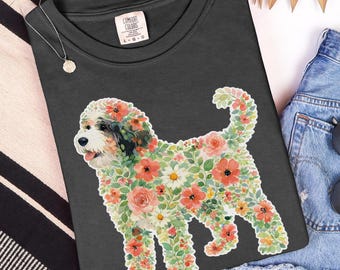 Comfort Colors Bernedoodle Tee, Floral Silhouette Dog Lover Gift, T-Shirt, Dog Mom Dad Garden Art, Botanical Pet Owner, Bernedoodle T-shirt