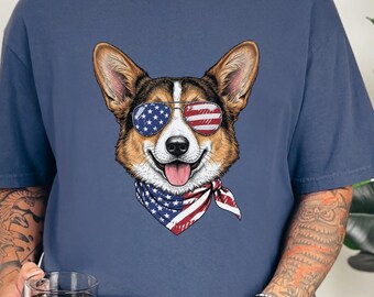 Comfort Colors Patriotic Pembroke Welsh Corgi Mom T-Shirt, Independence Day American Dog Lover Tee, USA 250th Anniversary Corgi Dad Graphic