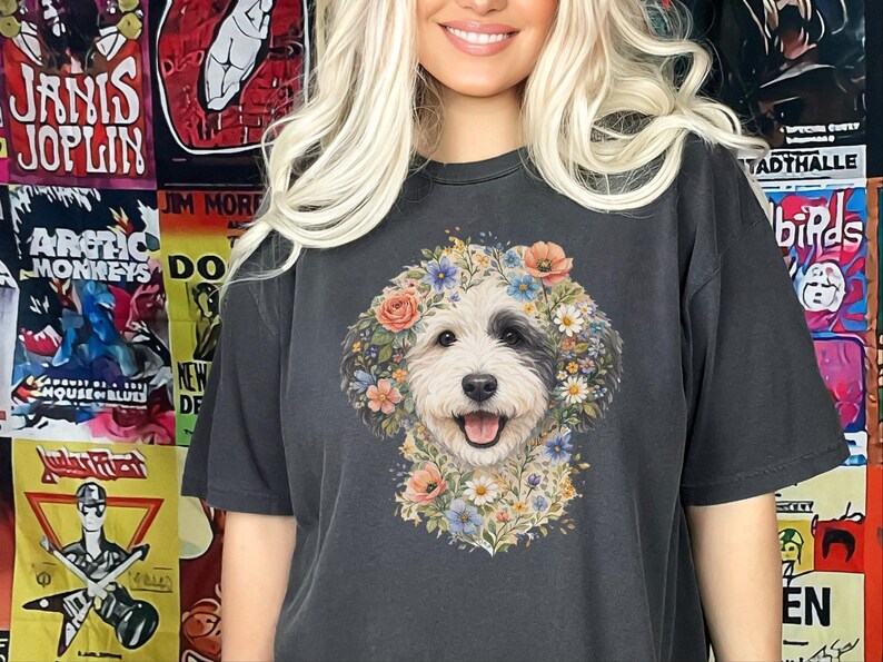 Comfort Colors Sheepadoodle T-shirt, Doodle Pet Art, Botanical Pet Lover Gift, Sheepadoodle Floral Face Spring Tee, Funny Pet Mom Shirt, Tee image 2