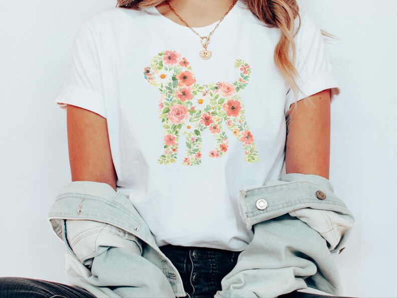 Doodle Dog Gift, Golden Doodle Floral Silhouette Shirt, Modern Pet Portrait Cottagecore Art, Wildflower Dog Mom., Goldendoodle Dog image 5