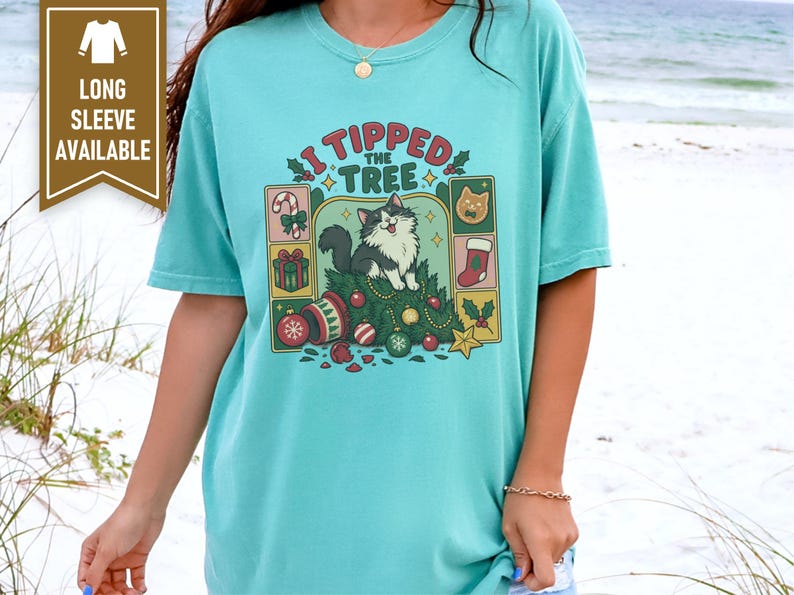 Christmas Cat Shirt, Tuxedo Cat Christmas Gift, Funny Cat Christmas Tree Tee, I Tipped The Tree Holiday Shirt, Cat Mom Shirt Gift image 9