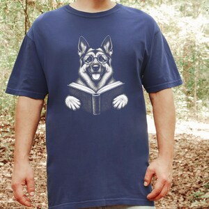 Bookish Dog Tee, German Shepherd Mom Gift, Dog Lover Book Tee, Library Shirt, German Shepherd Dad Gift, Reading Teacher Shirt image 2