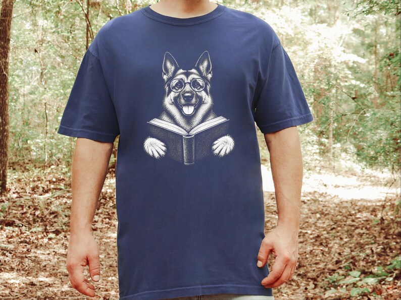 Bookish Dog Tee, German Shepherd Mom Gift, Dog Lover Book Tee, Library Shirt, German Shepherd Dad Gift, Reading Teacher Shirt image 2