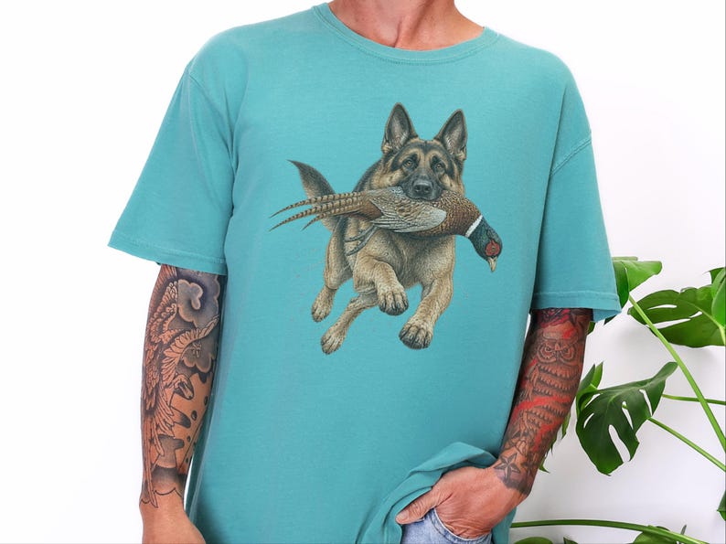 T-shirt met Duitse Herder, cadeau voor fazantenjacht, T-shirt met natuurafbeeldingen, T-shirt voor hondenliefhebbers, cadeau-idee voor jagers, cadeau voor een Duitse Herder afbeelding 3